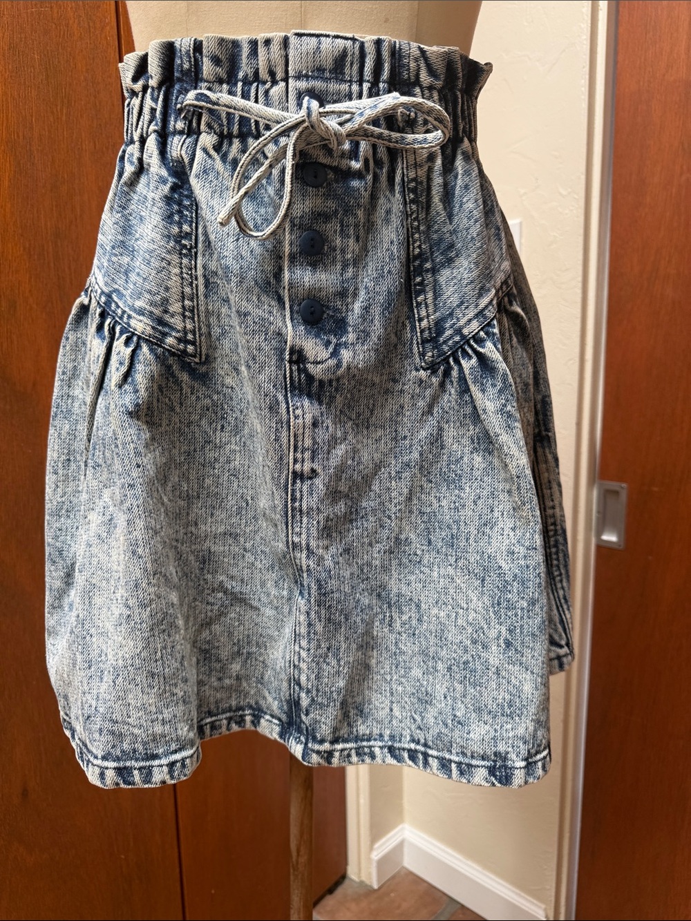 High-Waist Acid Wash Denim Skirt with Drawstring